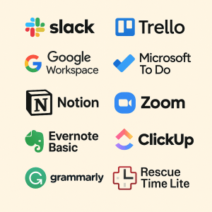 Grid of logos and names of 10 best free productivity apps for remote workers in 2025, including Slack, Trello, Google Workspace, Microsoft To Do, Notion, Zoom, Evernote Basic, ClickUp, Grammarly, and RescueTime Lite.