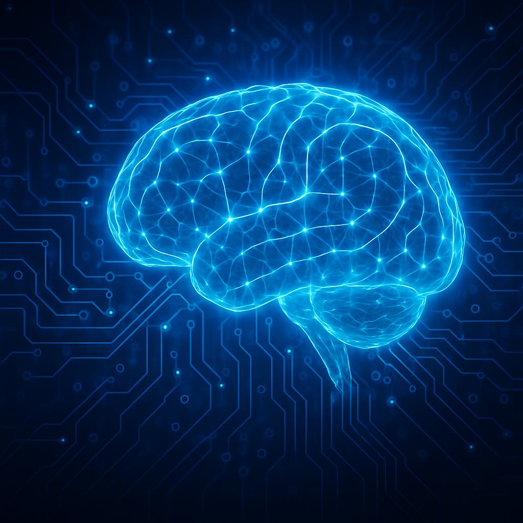 An illustration of a glowing blue brain on a circuit board background.
