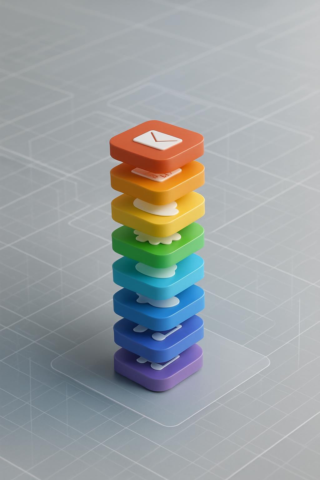 An illustration of a vertical stack of closed square email app icons in various colors on a grey background.